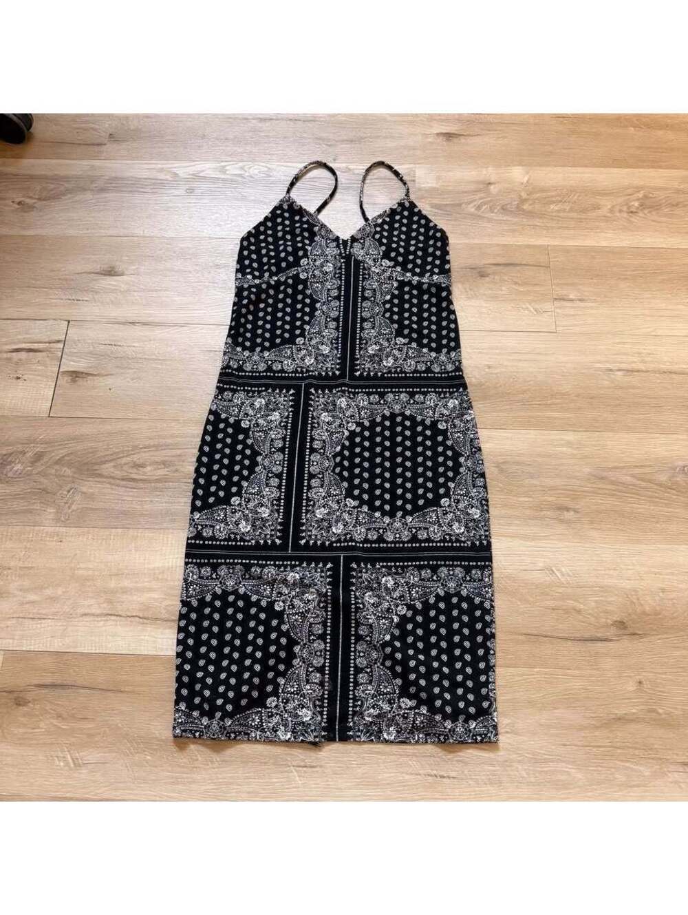 Dex Bandana Pattern Dress Spaghetti Straps Black and White Women's S